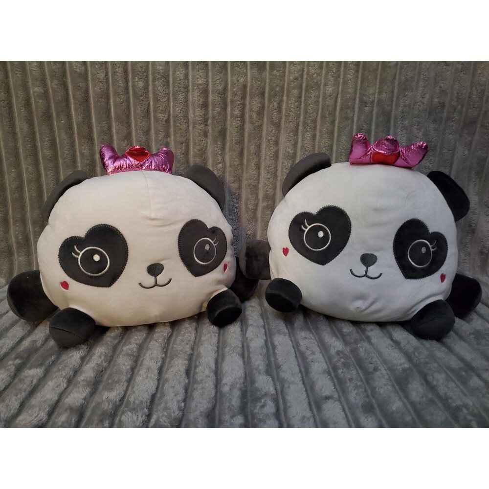 Lot of 2 Smoochy Pals Love PANDA w Crown Bear Plush Hearts 13" by Linzy Toys